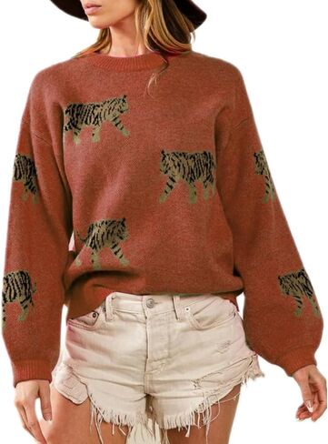 Women Y2k Sweaters Vintage Tiger Print Long Sleeve Pullover Sweater Fall Knitwear Streetwear in Saudi Arabia