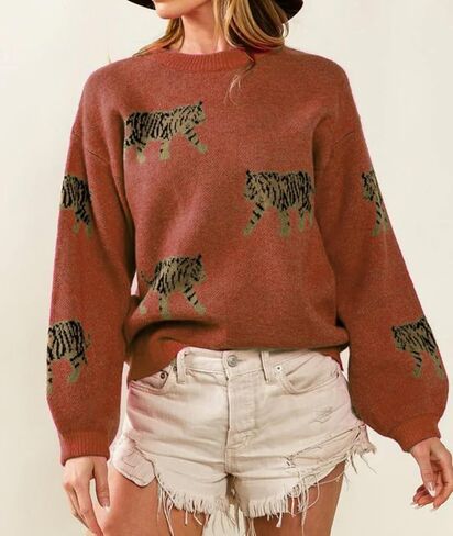 Women Y2k Sweaters Vintage Tiger Print Long Sleeve Pullover Sweater Fall Knitwear Streetwear in Saudi Arabia