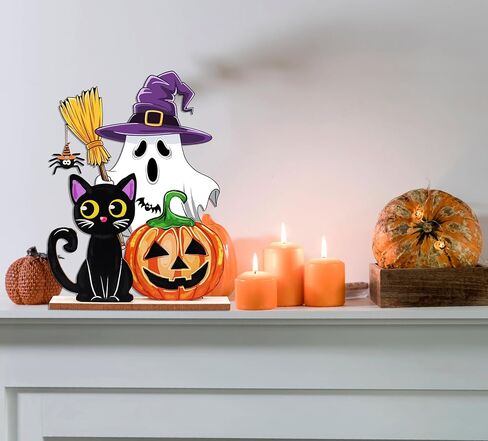 Halloween Decorations Indoor Wooden Pumpkin Ghost Table Signs Halloween Table Decorations Tiered Tray Decor Rustic Farmhouse Home Living Room Decor in Saudi Arabia