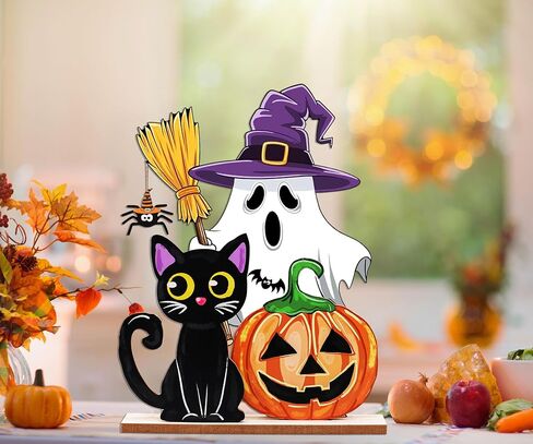 Halloween Decorations Indoor Wooden Pumpkin Ghost Table Signs Halloween Table Decorations Tiered Tray Decor Rustic Farmhouse Home Living Room Decor in Saudi Arabia