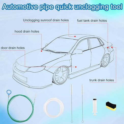 Car Sunroof Drain Cleaning Tool, Extra Long Flexible Wire Cleaner Unclogger with Straight Brush Syringe Leather Hose & Sponge for Auto Sun Roof Cover Windshield AC Line Pipe Detailing in Saudi Arabia