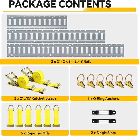 Elechomes E Track Tie-Down Rail Kit：22 Pcs Set Etrack kit 6 Rails, 2 Ratchet Straps, 6 Rope Tie Offs, 6 O Ring Anchors, 2 Single Slot Anchors Securing Accessories for Garages Vans Trailers Motorcycle in Saudi Arabia