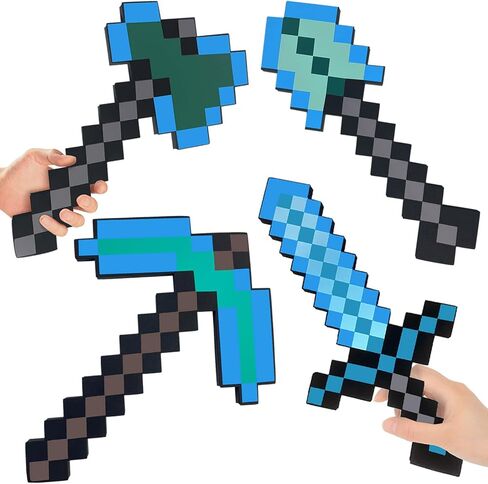 QRT 4 Pack EVA Foam Sword, Axe, Pickaxe and Shovel, Kids Role Play Toys for Halloween, Cosplay Video Game Parties (Blue Four Piece Set) in Saudi Arabia