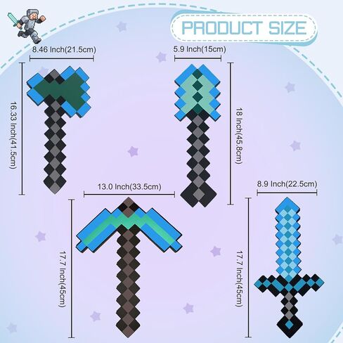 QRT 4 Pack EVA Foam Sword, Axe, Pickaxe and Shovel, Kids Role Play Toys for Halloween, Cosplay Video Game Parties (Blue Four Piece Set) in Saudi Arabia
