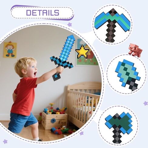 QRT 4 Pack EVA Foam Sword, Axe, Pickaxe and Shovel, Kids Role Play Toys for Halloween, Cosplay Video Game Parties (Blue Four Piece Set) in Saudi Arabia