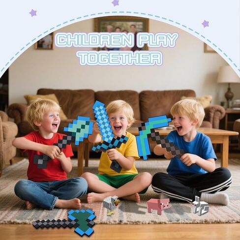 QRT 4 Pack EVA Foam Sword, Axe, Pickaxe and Shovel, Kids Role Play Toys for Halloween, Cosplay Video Game Parties (Blue Four Piece Set) in Saudi Arabia