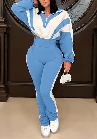 DINGANG Womens Sweatsuits 2 Piece Sets Long Sleeve Color Block Zip Up Jacket Jogger Legging Tracksuits in Saudi Arabia