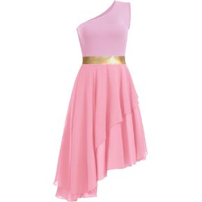 Women's Praise Dance Dress One Shoulder Liturgical Worship Overlays Dress Irregular Hem Lyrical Dancewear in Kuwait