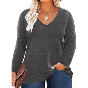 Women's Plus Size Tops Long Sleeve Tee Shirt V Neck Basic Ladies Loose Fit T Shirt in Kuwait