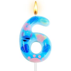 Number 6 Birthday Candle Cartoon Blue Pink Anime Themed Numeral Candle Hibiscus Flower Monstera Leaves Cake Topper for Kids Birthday Hawaii Party Favor Decoration Supplies in Kuwait