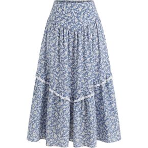 تنانير CIDER للنساء تنورة طويلة مطبوعة بالورود تنورة بوهيمية واسعة بخصر متوسط ​​وكشكشة تنورة طويلة إغلاق بالسحب in Kuwait