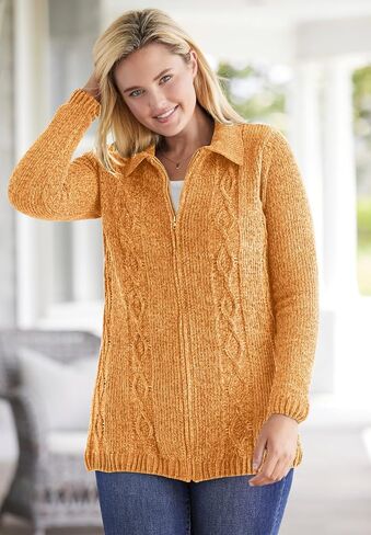 Woman Within Plus Size Chenille Zip Cable Cardigan in Saudi Arabia