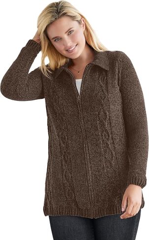 Woman Within Plus Size Chenille Zip Cable Cardigan in Saudi Arabia