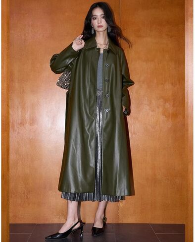 utcoco Womens Faux Leather Trench Coat Collared Button Down Long Leather Jackets with Belt in Saudi Arabia