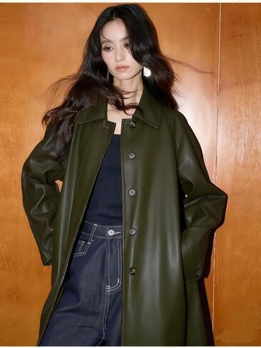utcoco Womens Faux Leather Trench Coat Collared Button Down Long Leather Jackets with Belt in Saudi Arabia