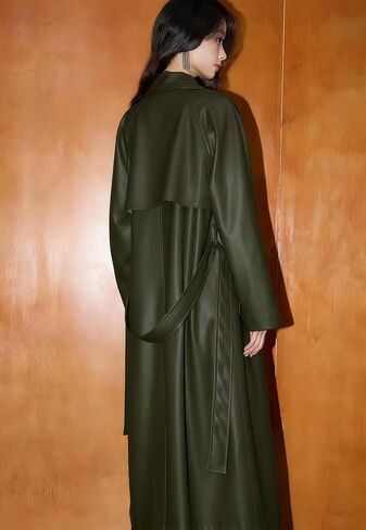 utcoco Womens Faux Leather Trench Coat Collared Button Down Long Leather Jackets with Belt in Saudi Arabia