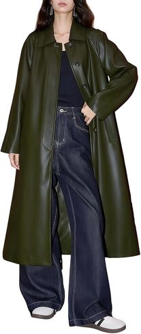 utcoco Womens Faux Leather Trench Coat Collared Button Down Long Leather Jackets with Belt in Saudi Arabia