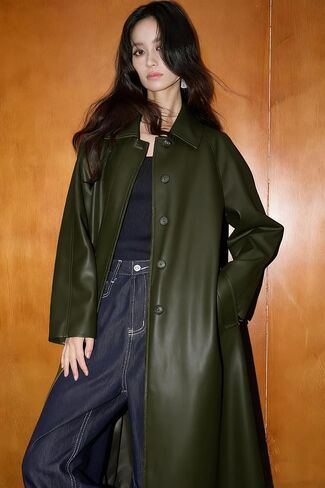 utcoco Womens Faux Leather Trench Coat Collared Button Down Long Leather Jackets with Belt in Saudi Arabia