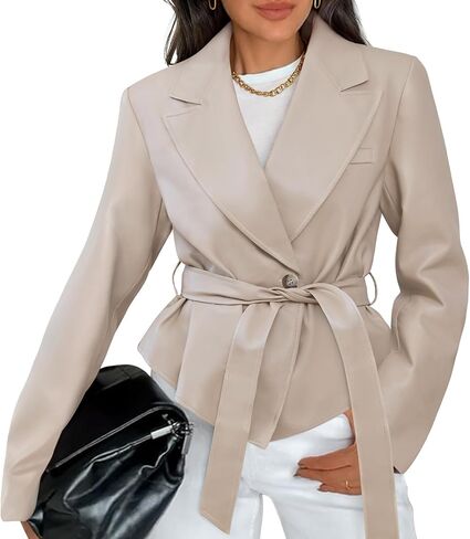 MEROKEETY Women's Fall Fashion 2025 Leather Jacket Casual Belt Button Down Blazer Trendy Coat Outerwear in Saudi Arabia