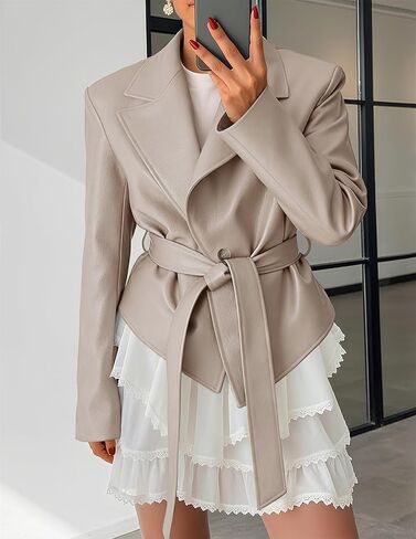 MEROKEETY Women's Fall Fashion 2025 Leather Jacket Casual Belt Button Down Blazer Trendy Coat Outerwear in Saudi Arabia