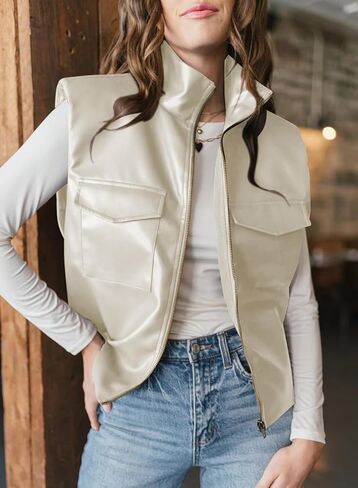 EVALESS Faux Leather Jacket Women Sleeveless Motorcycle Coat Zip Up Vest Jackets Fall Fashion Outfits Winter Clothes in Saudi Arabia