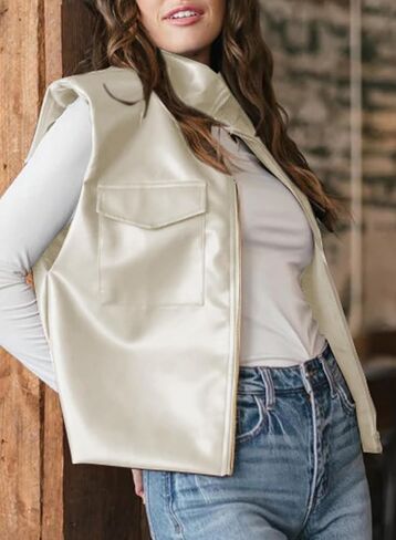 EVALESS Faux Leather Jacket Women Sleeveless Motorcycle Coat Zip Up Vest Jackets Fall Fashion Outfits Winter Clothes in Saudi Arabia