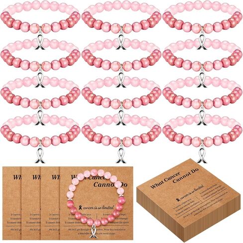 Tondiamo 12 Pcs Breast Cancer Bracelets Natural Stone Beaded Bracelets for Women Cancer Care Awareness Gifts Adjustable Jewelry with Ribbon Stretch for Survivor Support Campaign in Saudi Arabia