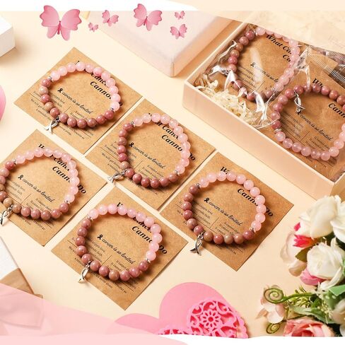 Tondiamo 12 Pcs Breast Cancer Bracelets Natural Stone Beaded Bracelets for Women Cancer Care Awareness Gifts Adjustable Jewelry with Ribbon Stretch for Survivor Support Campaign in Saudi Arabia