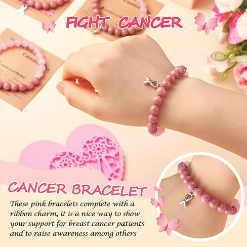Tondiamo 12 Pcs Breast Cancer Bracelets Natural Stone Beaded Bracelets for Women Cancer Care Awareness Gifts Adjustable Jewelry with Ribbon Stretch for Survivor Support Campaign in Saudi Arabia