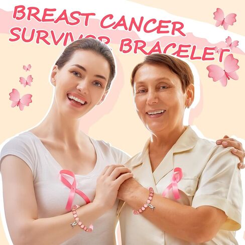 Tondiamo 12 Pcs Breast Cancer Bracelets Natural Stone Beaded Bracelets for Women Cancer Care Awareness Gifts Adjustable Jewelry with Ribbon Stretch for Survivor Support Campaign in Saudi Arabia