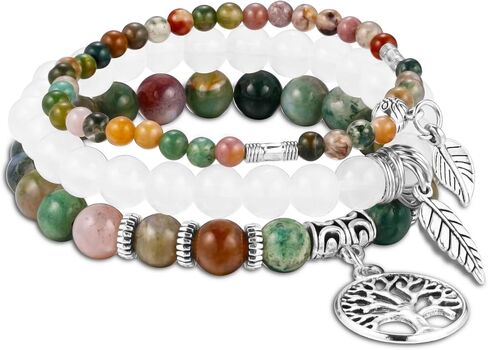 MeMeDIY Beaded Bracelets for Women Healing Crystals Chakra Stretch Bracelet with Tree of Life and Leaf Charm Boho Natural Stone Stress Relief Yoga Jewelry Gifts in Kuwait