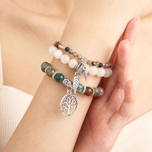 MeMeDIY Beaded Bracelets for Women Healing Crystals Chakra Stretch Bracelet with Tree of Life and Leaf Charm Boho Natural Stone Stress Relief Yoga Jewelry Gifts in Kuwait