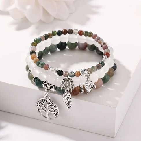 MeMeDIY Beaded Bracelets for Women Healing Crystals Chakra Stretch Bracelet with Tree of Life and Leaf Charm Boho Natural Stone Stress Relief Yoga Jewelry Gifts in Kuwait