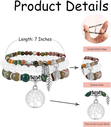MeMeDIY Beaded Bracelets for Women Healing Crystals Chakra Stretch Bracelet with Tree of Life and Leaf Charm Boho Natural Stone Stress Relief Yoga Jewelry Gifts in Kuwait