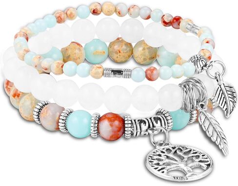 MeMeDIY Beaded Bracelets for Women Healing Crystals Chakra Stretch Bracelet with Tree of Life and Leaf Charm Boho Natural Stone Stress Relief Yoga Jewelry Gifts in Kuwait