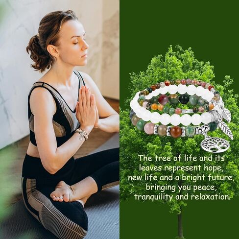 MeMeDIY Beaded Bracelets for Women Healing Crystals Chakra Stretch Bracelet with Tree of Life and Leaf Charm Boho Natural Stone Stress Relief Yoga Jewelry Gifts in Kuwait
