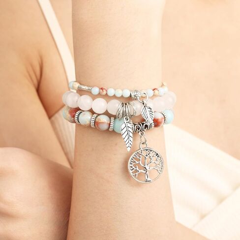MeMeDIY Beaded Bracelets for Women Healing Crystals Chakra Stretch Bracelet with Tree of Life and Leaf Charm Boho Natural Stone Stress Relief Yoga Jewelry Gifts in Kuwait