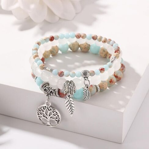 MeMeDIY Beaded Bracelets for Women Healing Crystals Chakra Stretch Bracelet with Tree of Life and Leaf Charm Boho Natural Stone Stress Relief Yoga Jewelry Gifts in Kuwait