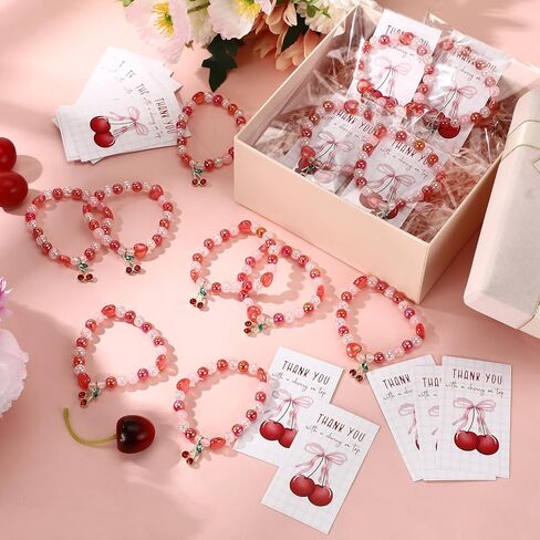 Quelay 25 Sets Cherry Bracelets Gift with Thank You Cards Bulk Bridal Shower Party Favor Cherry Themed Party Decoration for Women Bridesmaids Baby Shower Birthday Friendship Jewelry in Saudi Arabia