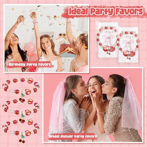 Quelay 25 Sets Cherry Bracelets Gift with Thank You Cards Bulk Bridal Shower Party Favor Cherry Themed Party Decoration for Women Bridesmaids Baby Shower Birthday Friendship Jewelry in Saudi Arabia