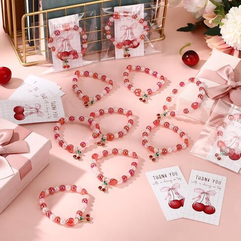 Quelay 25 Sets Cherry Bracelets Gift with Thank You Cards Bulk Bridal Shower Party Favor Cherry Themed Party Decoration for Women Bridesmaids Baby Shower Birthday Friendship Jewelry in Saudi Arabia