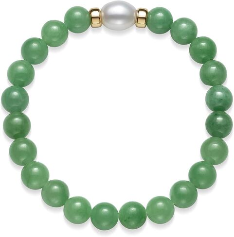 Belacqua Natural Green Jade or Milkly Blue Aquamarine and Freshwater Pearl Stretch Bracelet in 14K Yellow Gold Beads, Length 6.5 to 8.5 Inches, Jewelry for Women, Gift Box Included in Saudi Arabia