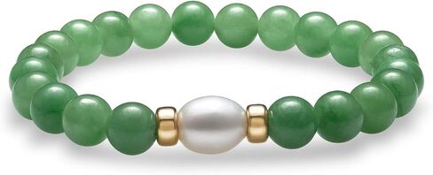 Belacqua Natural Green Jade or Milkly Blue Aquamarine and Freshwater Pearl Stretch Bracelet in 14K Yellow Gold Beads, Length 6.5 to 8.5 Inches, Jewelry for Women, Gift Box Included in Saudi Arabia