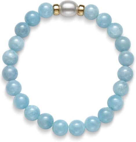 Belacqua Natural Green Jade or Milkly Blue Aquamarine and Freshwater Pearl Stretch Bracelet in 14K Yellow Gold Beads, Length 6.5 to 8.5 Inches, Jewelry for Women, Gift Box Included in Saudi Arabia