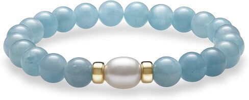 Belacqua Natural Green Jade or Milkly Blue Aquamarine and Freshwater Pearl Stretch Bracelet in 14K Yellow Gold Beads, Length 6.5 to 8.5 Inches, Jewelry for Women, Gift Box Included in Saudi Arabia