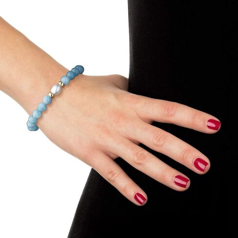 Belacqua Natural Green Jade or Milkly Blue Aquamarine and Freshwater Pearl Stretch Bracelet in 14K Yellow Gold Beads, Length 6.5 to 8.5 Inches, Jewelry for Women, Gift Box Included in Saudi Arabia