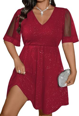 Floerns Women's Plus Size A Line Dress Mesh Short Sleeve V Neck Flared Glitter Ribbed Knit Party Cocktail Dresses in Saudi Arabia