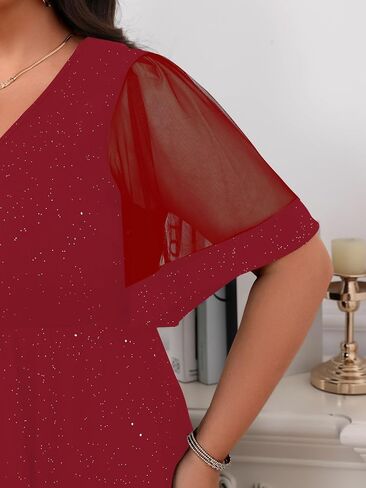Floerns Women's Plus Size A Line Dress Mesh Short Sleeve V Neck Flared Glitter Ribbed Knit Party Cocktail Dresses in Saudi Arabia