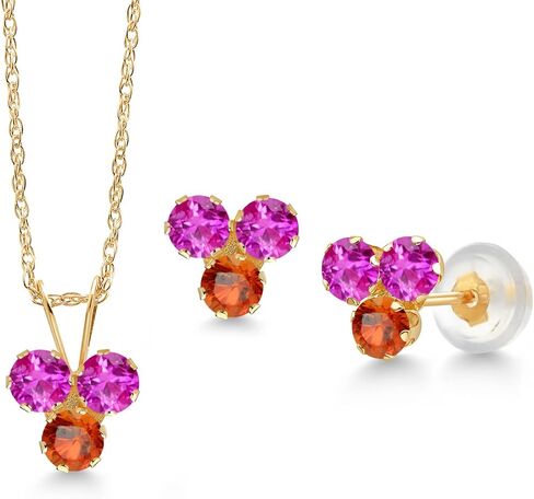 Gem Stone King 14K Yellow Gold Pink Sapphire and Orange Sapphire 3 Stone Pendant and Earrings Jewelry Set For Women (1.28 Cttw, Round 3MM, with 18 Inch Chain) in Saudi Arabia