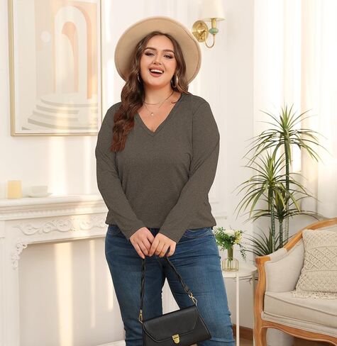 تي شيرت حريمي مقاس كبير وأكمام طويلة ورقبة على شكل حرف V أساسية فضفاضة للسيدات in Kuwait